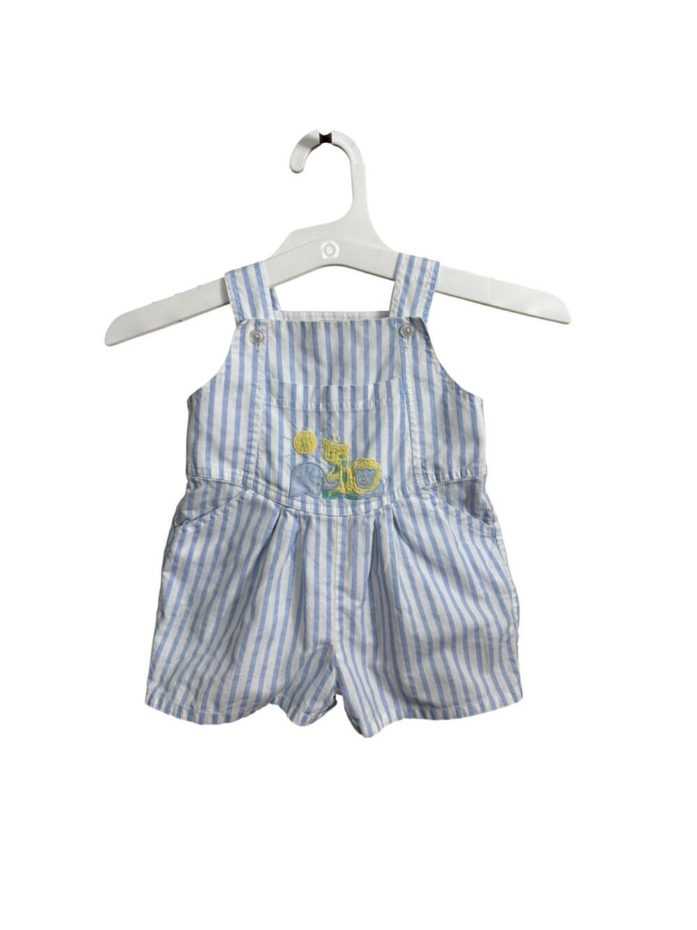 Vintage All Mine Baby Romper Blue White Stripe Overalls Embroidered Animals 6–12